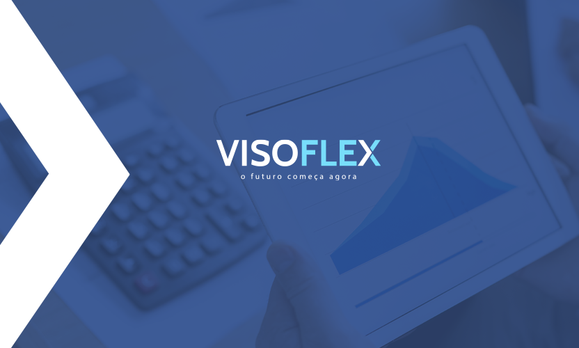 Logo da Visoflex, cliente da Birdclick, com fundo azul e conceito tecnológico.